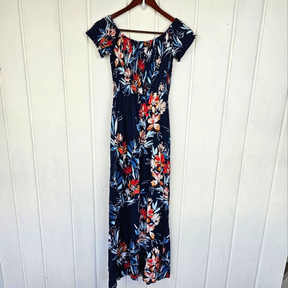 Band of Gypsies Smocked Bodice Blue Pink Floral Boho Tassel Slit Maxi Dress Med. - Picture 3 of 16